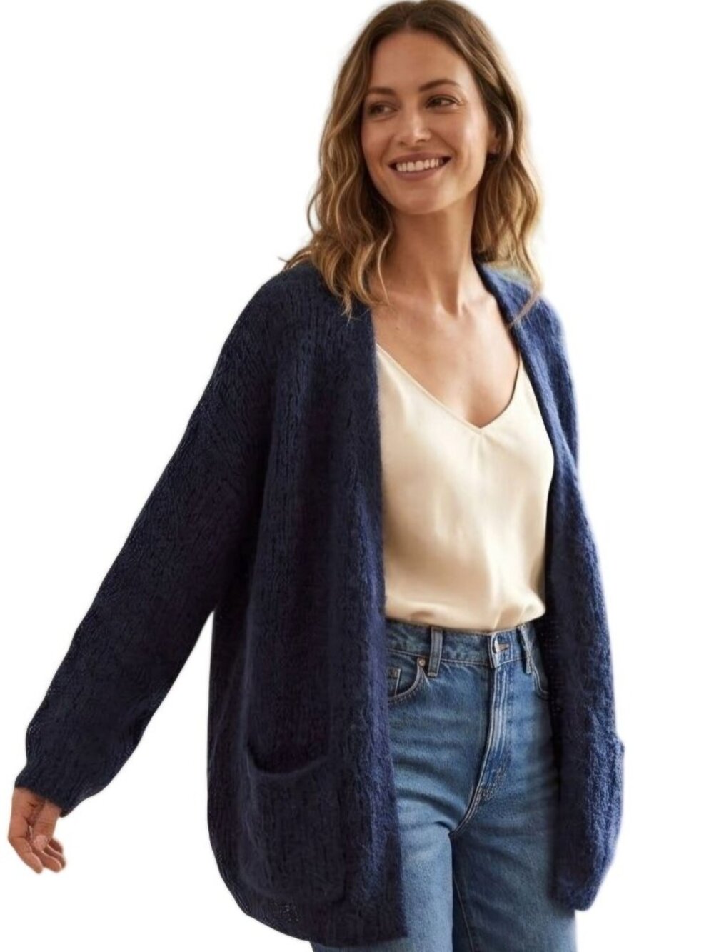 Collette Navy Mohair Blend Open Front Cozy Cardigan Sweater Made In Italy Size L